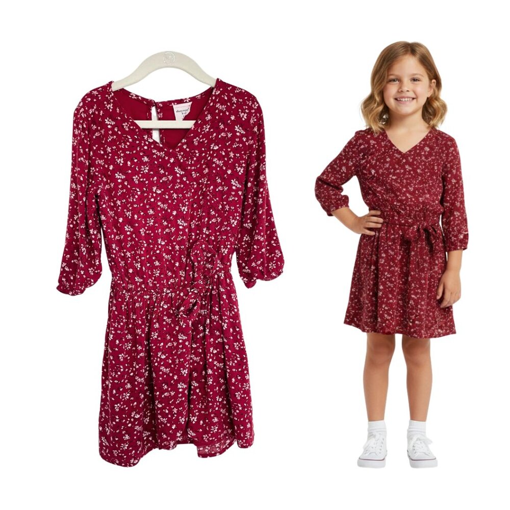 Abercrombie Kids Dress Girls 5-6 Red White Floral Ditsy Print Long Sleeve Bow
